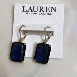 Lauren Ralph Lauren Gold Tone Drop Earrings Blue Square Crystal Accent NWT